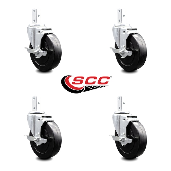 5 Inch Hard Rubber Wheel Swivel 7/8 Inch Square Stem Caster Set With Brake SCC